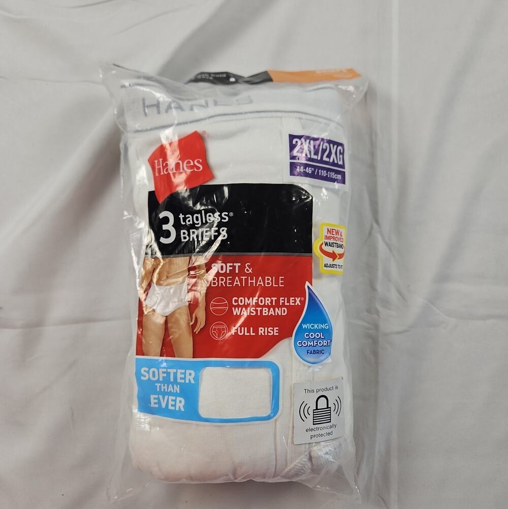 Mens 2XL 44-46 White Tagless Briefs 3 Pack Comfort Flex Full Rise by Hanes
